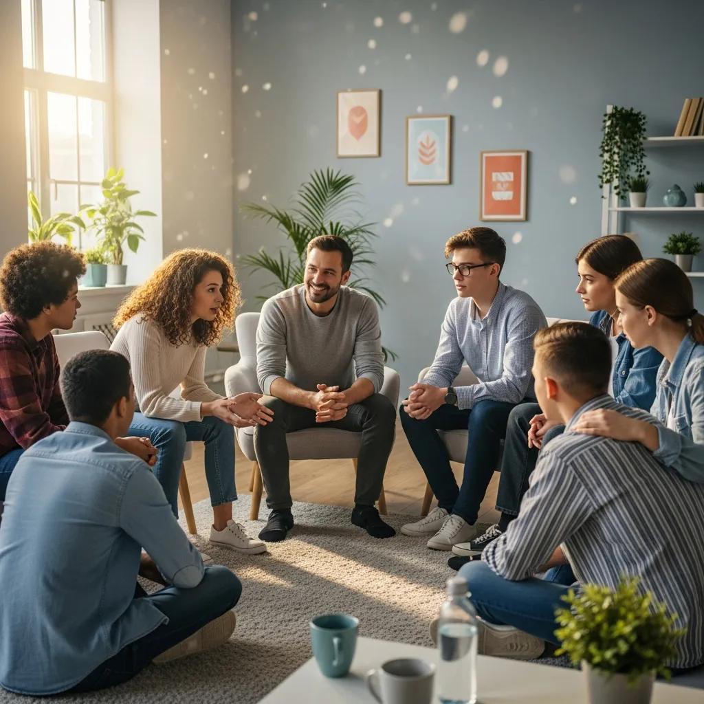Teens participating in a group therapy session, sharing experiences