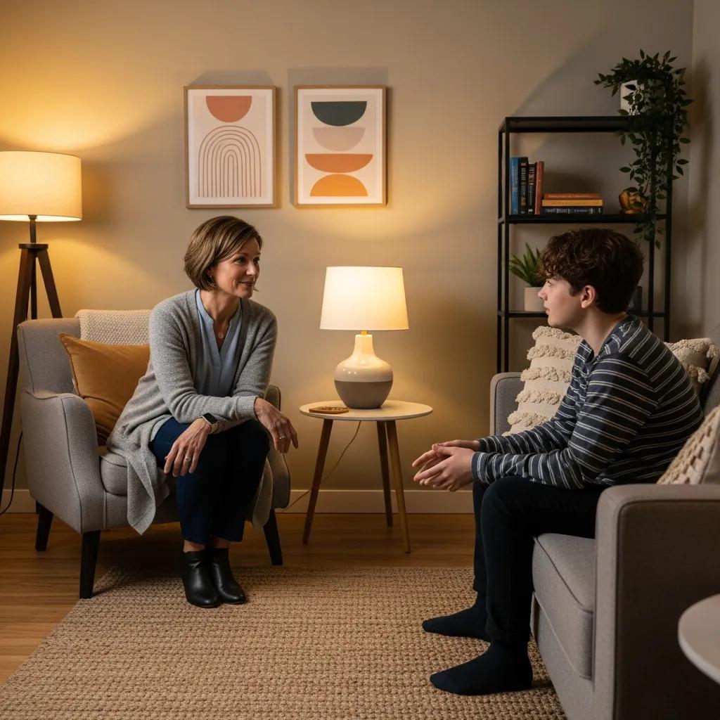 Therapist and adolescent in a supportive therapy session, illustrating the concept of Attachment Based Therapy