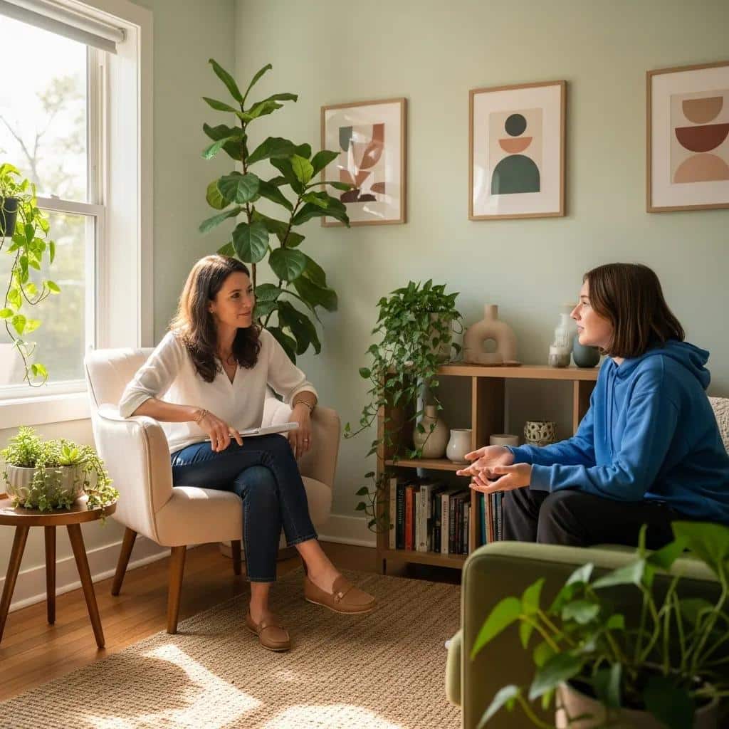 Therapist and teenager in a supportive psychotherapy session for Oppositional Defiance Disorder