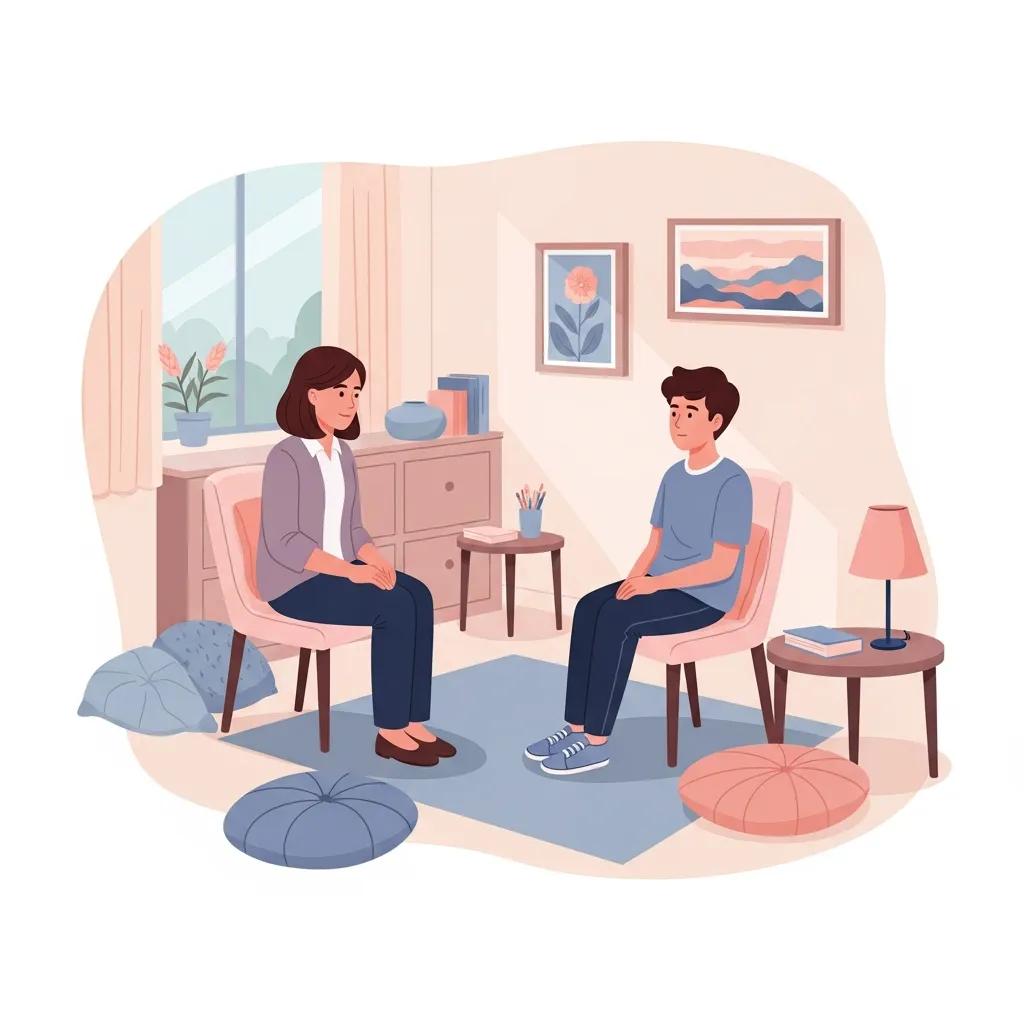 Therapist providing trauma-informed care to an adolescent in a calming therapy environment