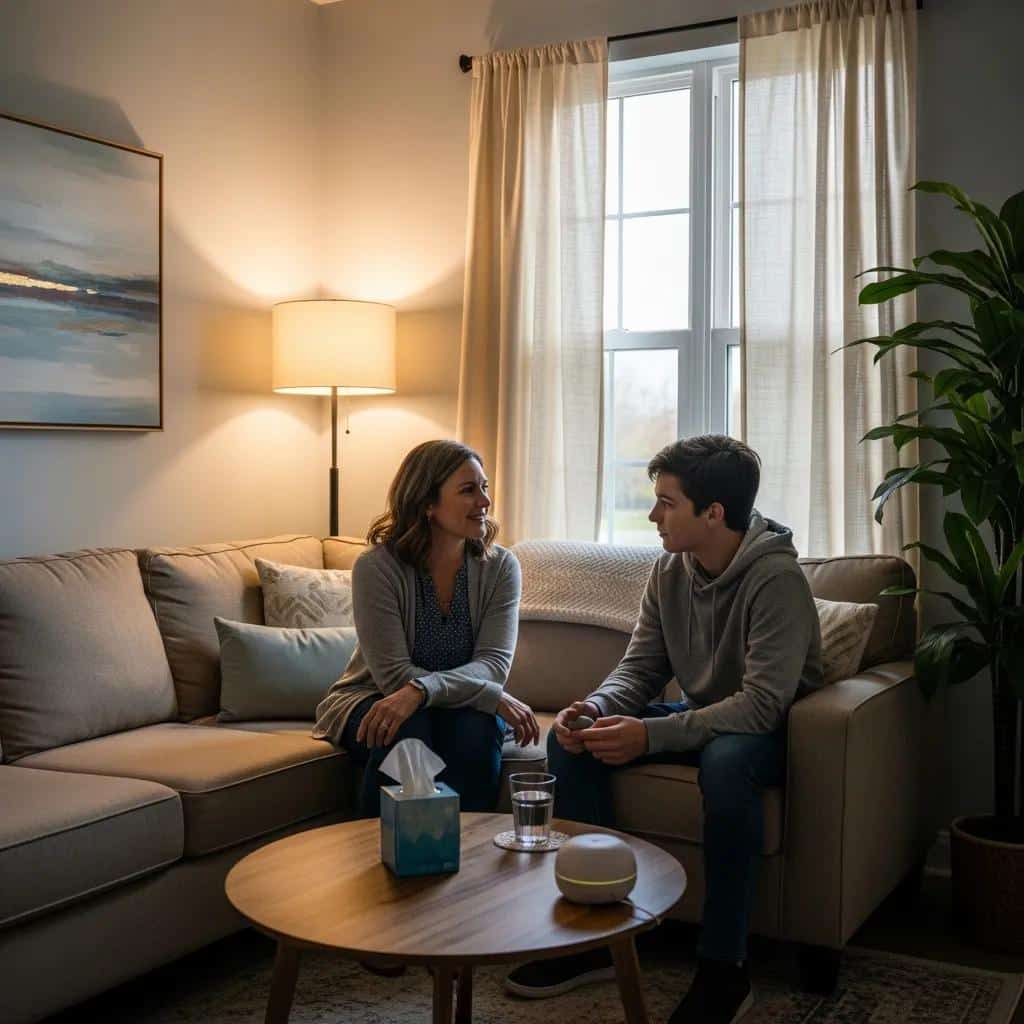 Therapy session between a therapist and a teenager, emphasizing mental health support and treatment