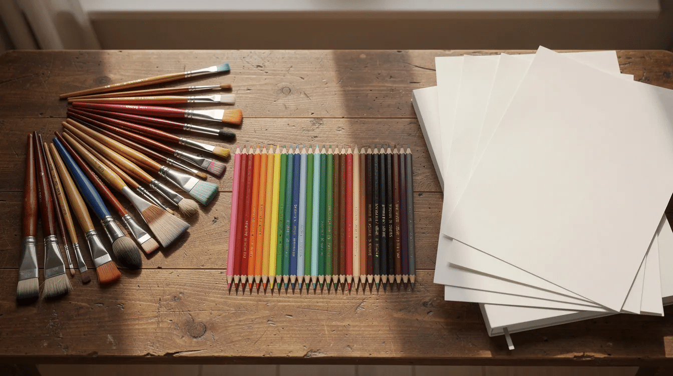 The image shows a variety of art supplies, including paintbrushes, colored pencils, and sheets of paper, neatly arranged on a table, suggesting a creative space for art therapy. This setup can provide a supportive environment for teens struggling with emotional regulation and coping skills, allowing for healthy expression and self-discovery.