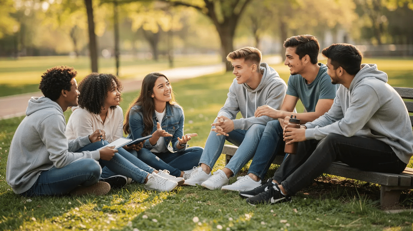 A group of diverse teenagers is sitting together outdoors in a supportive environment, engaged in open communication as they explore coping strategies and emotional regulation. This scene reflects the importance of group therapy in helping teens navigate life's challenges and build healthy relationships.
