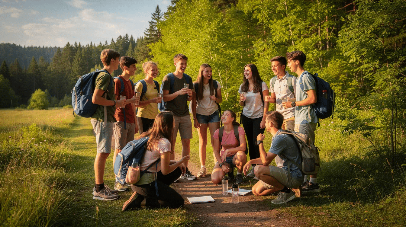 A group of teenagers is engaged in an outdoor activity, surrounded by nature, fostering a supportive environment that encourages communication skills and emotional regulation. This setting promotes mental health and coping strategies, helping teens navigate life's challenges while building healthy relationships with their peers.