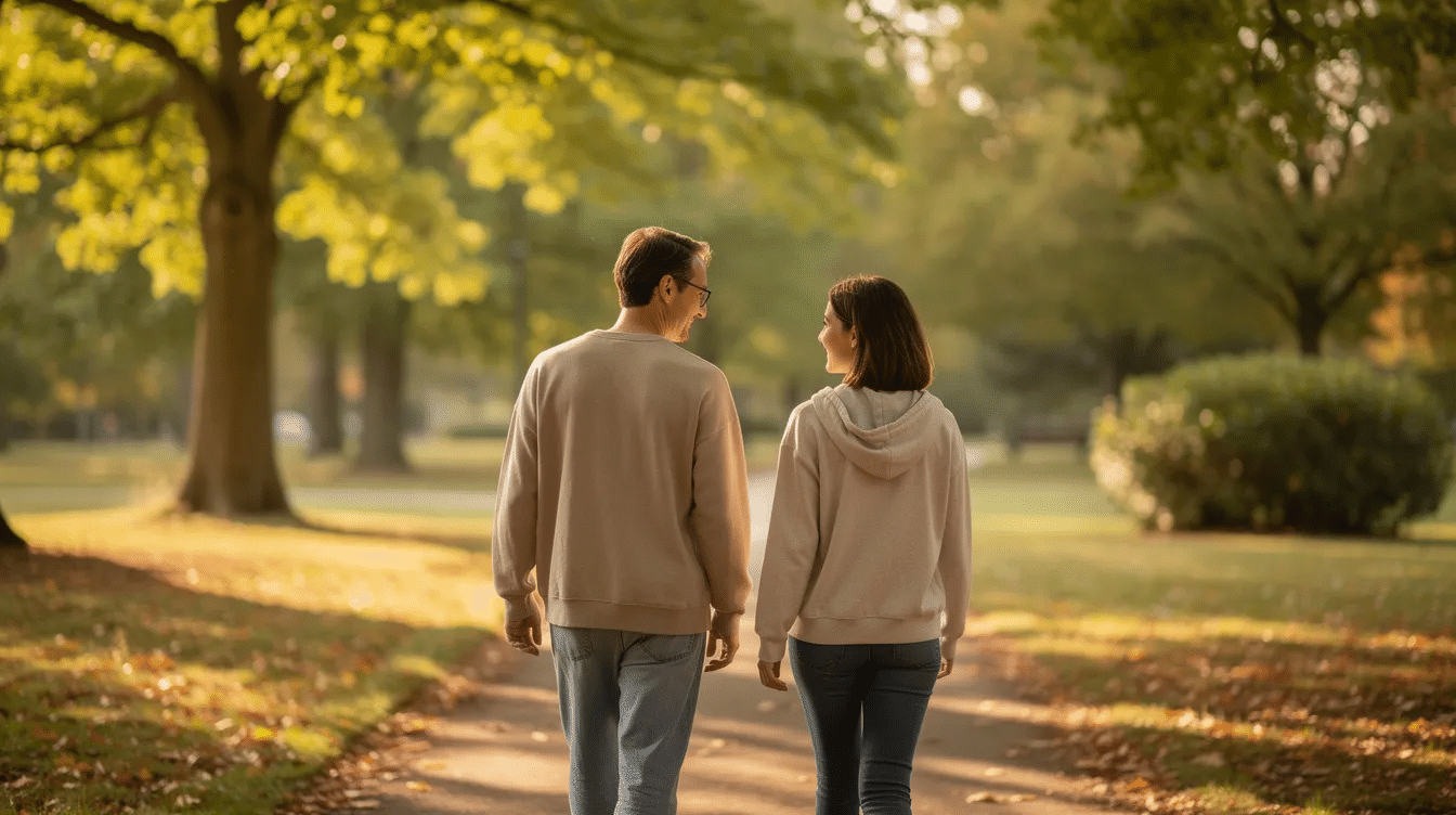 A parent and teenager walk side by side along a serene outdoor path, symbolizing a supportive environment that fosters open communication and emotional regulation. This moment reflects the importance of family dynamics in navigating life's challenges during the teenage years.